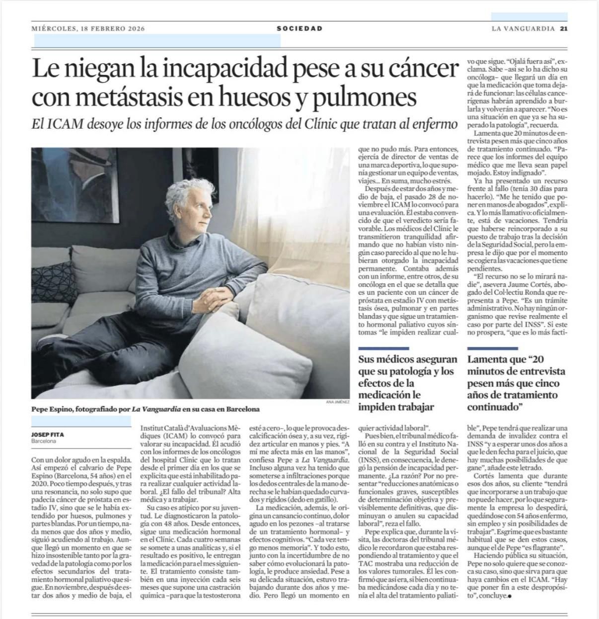 Artículo de La Vanguardia del 18 de febrero de 2026 sobre el caso de Pepe Espino